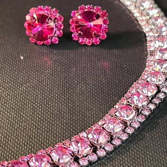 Choker Necklace Earrings Jewelry Set Zirconia Pink Multi color with Gift Box - Picture 3 of 8